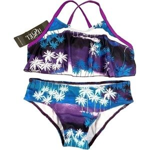 Iefiel Girls Med Swimsuit Tankini Tropical Palm Flounce Top Brief Blue Purple